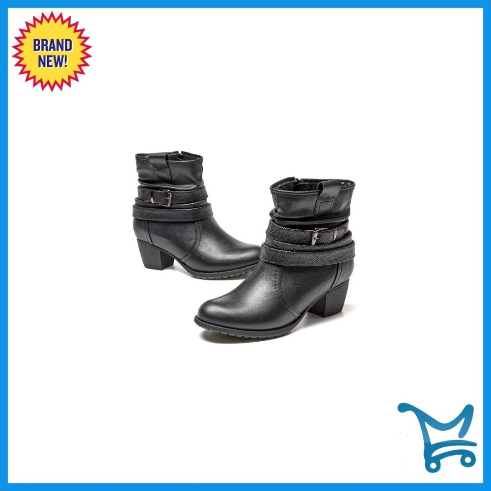 Women's Mid Calf Boots Round Toe Low Heel Slouchy Dress Booties with Buckle